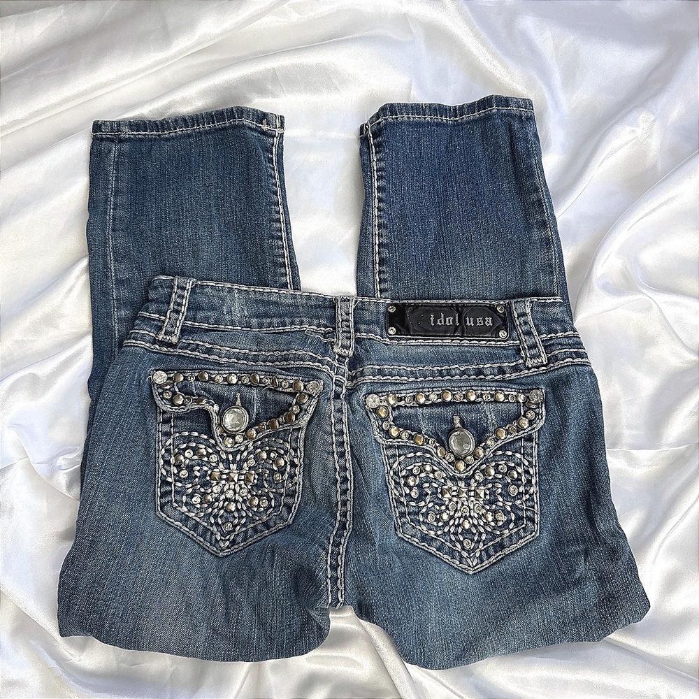 LA Idol USA Embellished Rhinestone Capri Jeans Medium Wash Blue Size 5 Y2K